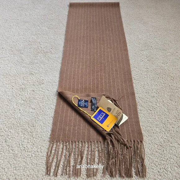 NWT Alfredo Pria Wool Scarf *TINY HOLE* Tan Pinstripe Biella Italy - Picture 10 of 12